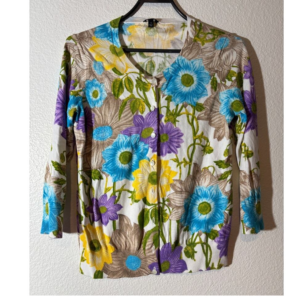 Talbots Women Size S Multicolor Floral 3/4 Sleeves Button-Front Cardigan Sweater